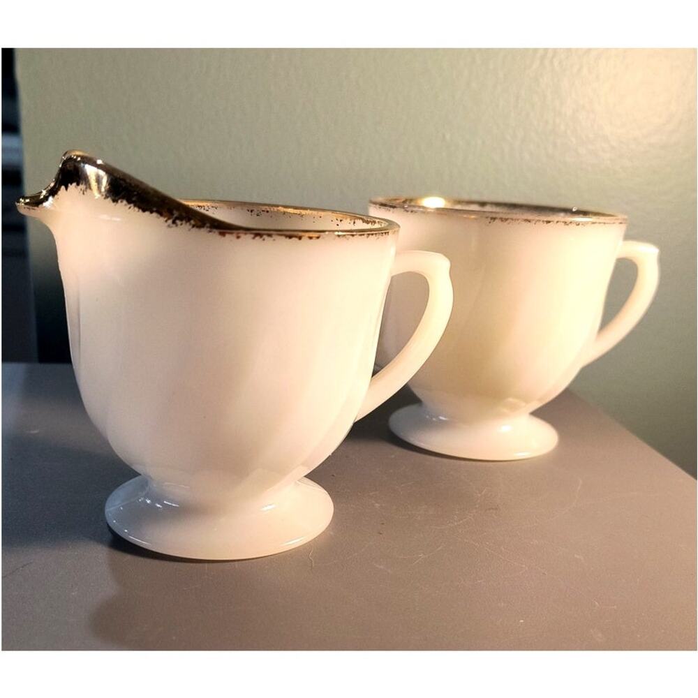 855. Vintage Cream and Sugar Set Milk Glass Fire King Golden Anniversary